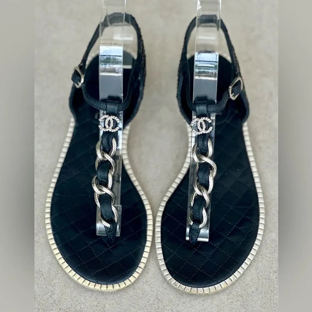 Chanel CC Logo Chainlink Quilted Black Leather Flat Ankle T- Strap Sandals Sz 37